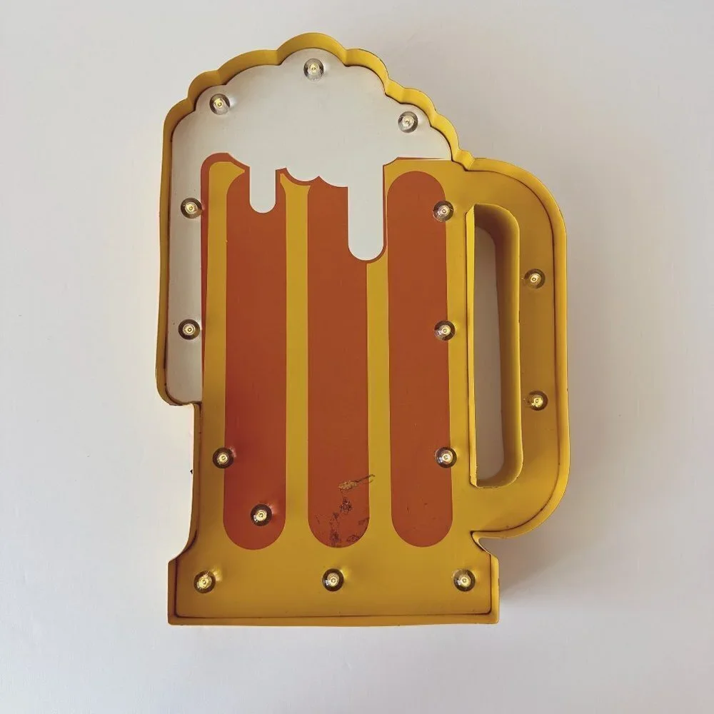 Vintage Tin Metal Yellow & Orange Light Up Beer Mug Wall Decor